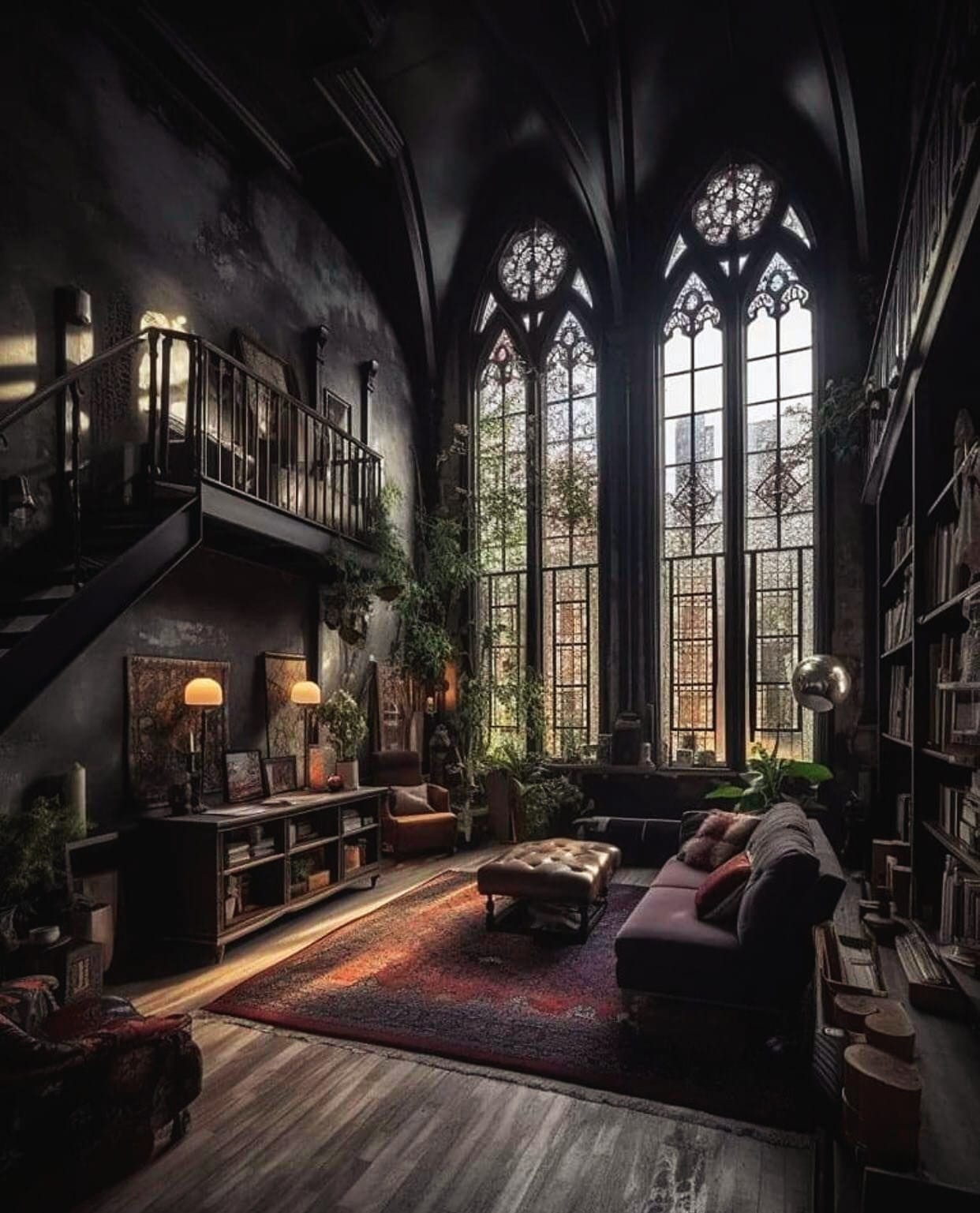 The meme is an image of a dark, ornate, and luxurious-looking room, possibly a library or study, with a large window and a high ceiling. The text "I'm not lazy, I'm just on energy-saving mode" is written in a small, curved font at the top of the image. The image is likely intended to be humorous, implying that the person is not actually doing nothing, but rather conserving energy to be more productive later.